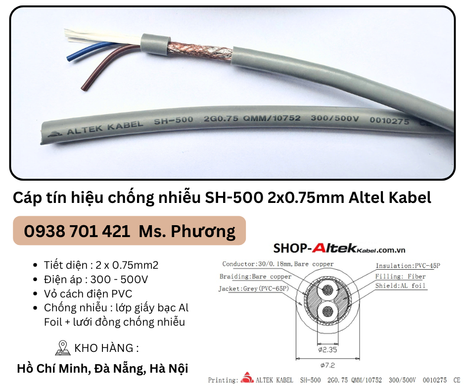 Cáp tín hiệu chống nhiễu SH-500 2x0.75mm Altel Kabel Đà Nẵng, Hà Nội, Hồ Chí Min